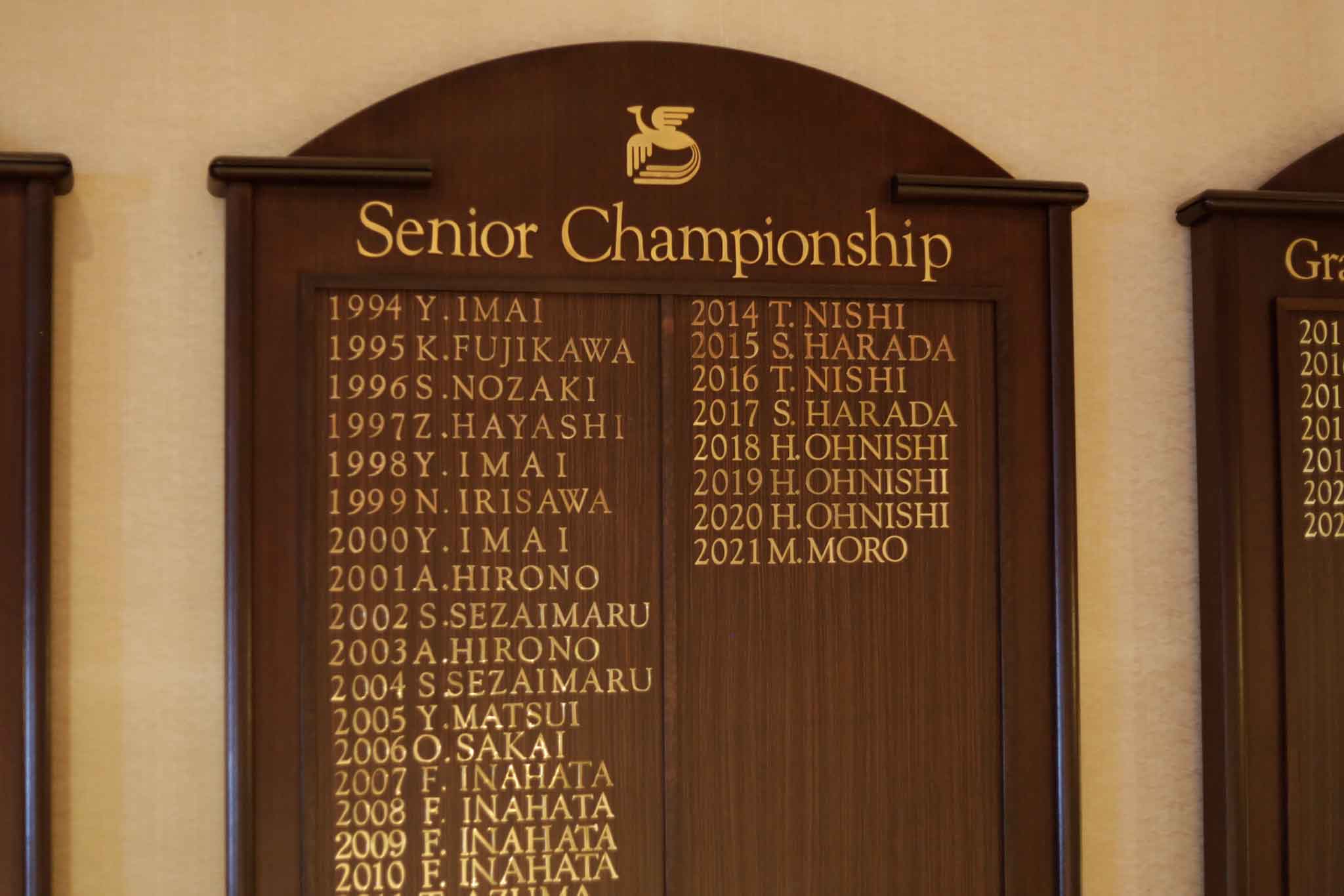 瑞穂ゴルフ倶楽部のシニア選手権チャンピオンのネームボード